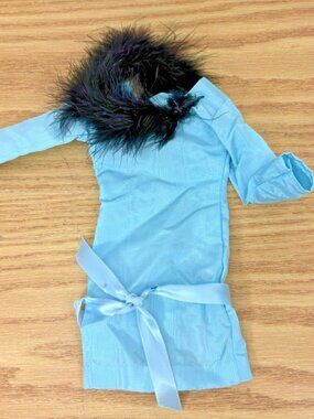 Vintage Flapper Style Doll Dress Light Blue w/ Faux Fur Trim 10" Retro